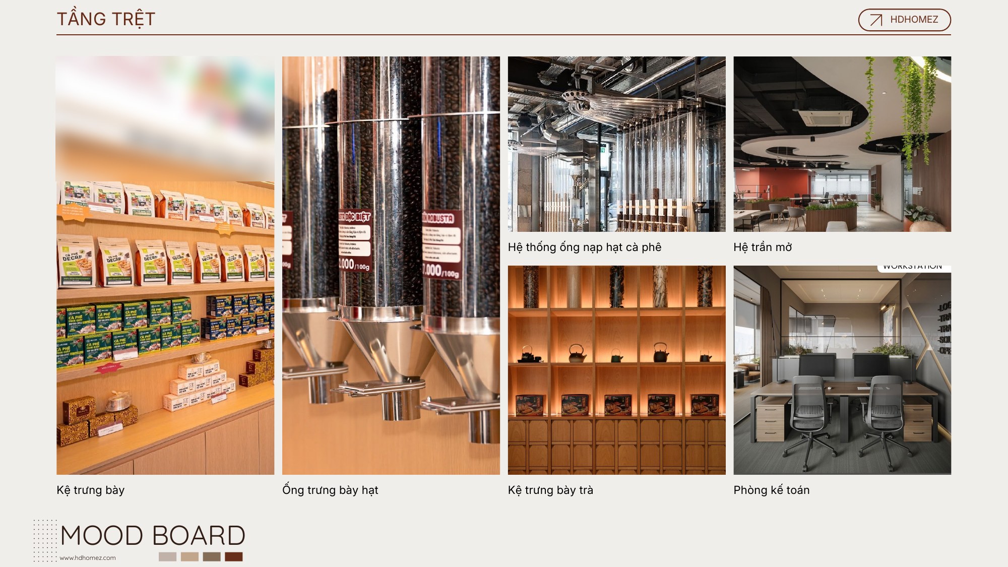 Concept văn phòng & showroom cà phê 4 tầng - Mood board tầng trệt