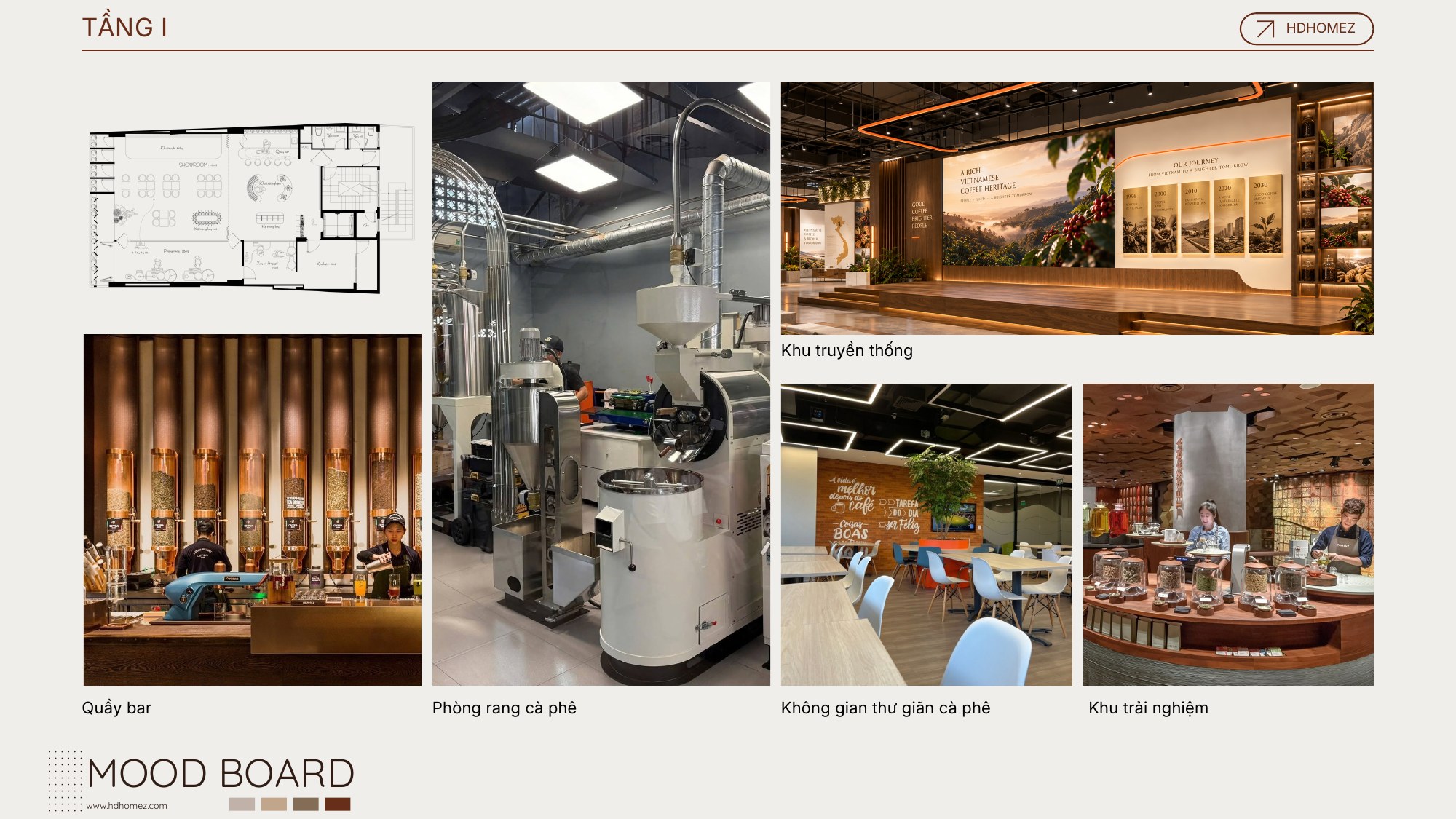 Concept văn phòng & showroom cà phê 4 tầng - Mood board tầng 1